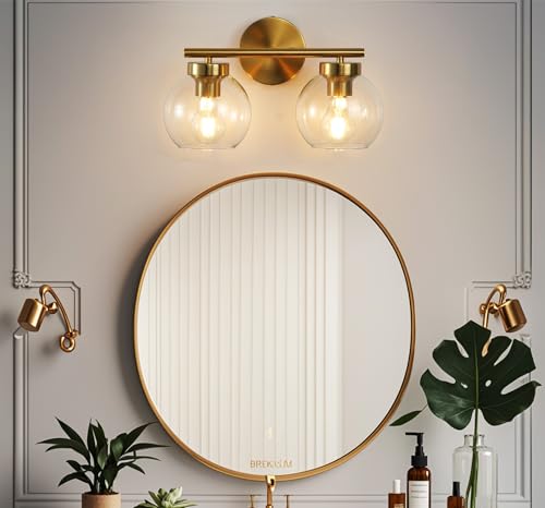 Image of Gold Vanity Light, 2 Light Bathroom Vanity Light with Clear Globe Glass Shades, Modern Bathroom Light Fixture Over Mirror, Brass Wall Sconce Light for Bedroom Restroom, E26 Socket