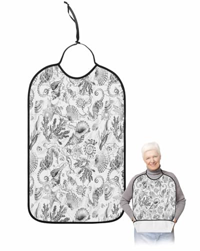 Coastal Grey Adult Bib for Eating with Crumb Catcher,Nautical Ocean Shell Conch Starfish Seahorse Washable Waterproof Terry Cloth Adjustable Elderly Women Men Adult Bibs Funny Apron Clothing Protector