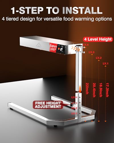 Image of PYY French Fry Warmer - 500W Food Heat Lamp with U Shape Base Stand Stainless Steel Commercial Fry Warmer for French Fries Electric Heating Radiation, Adjustable Height, Silver