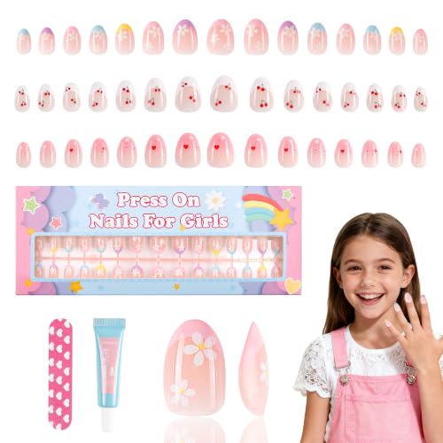 90 Pieces Press on Nails for Kids Kawyehu 3 Pack Nails for Kids Colorful Press on Nails for Girls 8-12 Years with Glue Almond Fake Nail Kit for 9 10 11 12 Year Old Cherry Heart