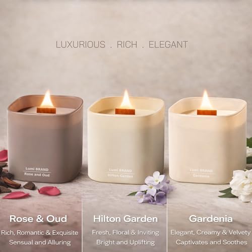 Set of 3 Premium Scented Soy Candles Gift Set | Nature's Bloom Collection - Gardenia, Hilton Garden and Rose & Oud | Crackling Wood Wick | Luxury Candles for Relaxation, Home Décor, Gifts | 9.8oz Each - Image 3