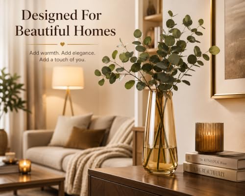 Image of Amber Glass Flower Vase for Home Decor, 22 cm Decorative Vase for Fresh & Artificial Flowers, Pampas Grass, Modern Nordic Centerpiece for Living Room, Dining Table & Office