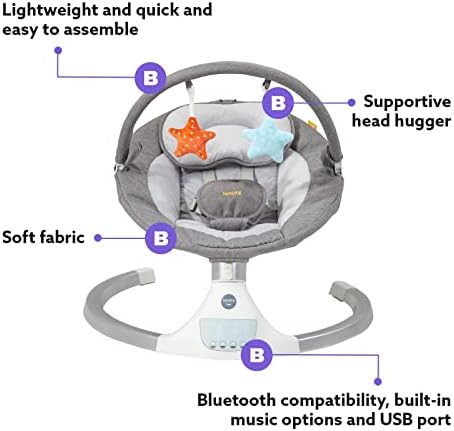 BABABING | Electric Baby Bouncer Hub Swing with Bluetooth Digital Display | Baby Rocker with 5 Swing Settings | Built-In Timer and Lightweight | Suitable for Newborn
