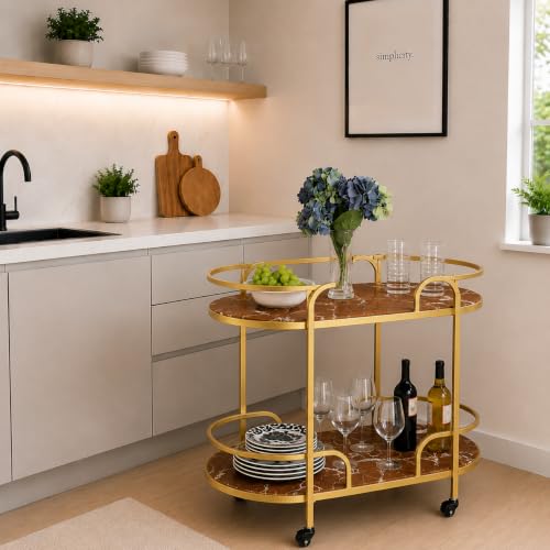 Image of Modern 2-Tier Bar Cart with Marble Tops & Metal Frame - Rolling Serving Coffee Table with Wheels, Storage Shelf for Living Room, Kitchen & Dining Room (Golden Brown)