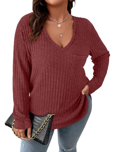 Image of Koscacy Women Plus Size Casual Knit Sweater with Pocket V Neck Solid Color Tops Lightweight Long Sleeve Blouses