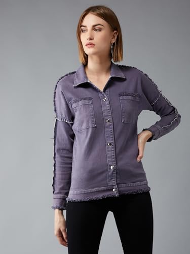 Image of Miss Chase Women's Polo Neck Full Sleeves Patch Pocket Denim Overcoat Knee-Length Jacket