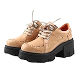 Women's Leather Lace-Up Oxford Shoes Classic Round Toe Platform Thick Block Heel Casual Comfortable Fashion for Daily Office Walking Party Dating Activities (Apricot,9)