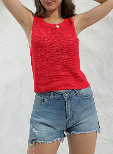 Image of FISACE Womens Crochet Tank Top Sleeveless Knit Summer Sweater | Round Neck, Hollow Out, Lightweight , Casual Crop,Cute Boho Vest
