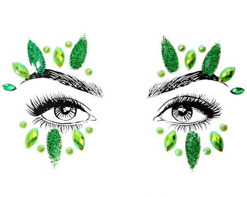 Face Jewels Stick on Face Costume Gems Self-Adhesive Makeup Halloween Dress Up Rhinestone Stickers for Festival Holiday Party Accessories (Glitter Green)