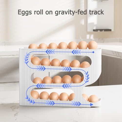 Image of 4-Tier Automatic Rolling Egg Dispenser for Refrigerator - Space-Saving Plastic Egg Holder, Holds Up to 30 Eggs, Roll-Down Design (WHITE NEW)