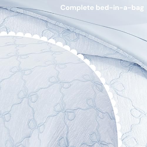 Image of BLOOMHAVEN Queen Comforter Set for Girls, 7 Pieces Blue Bow Bedding Set, All Seasons Bed in a Bag with Sheets, Pillowcases & Shams