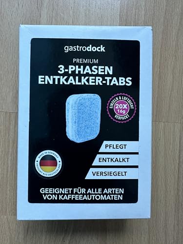 Pastillas descalcificadoras de 3 fases para cafeteras automáticas y cafeteras [20x] fabricadas en Alemania | Compatible con Siemens EQ Series, Jura, Krups, Bosch, Miele, Melitta, WMF | Para 20