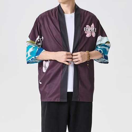 Image of PRIJOUHE Men's Lightweight Kimono Jacket Seven Sleeve Open Front Cardigan Coat Japanese Style Bathrobe