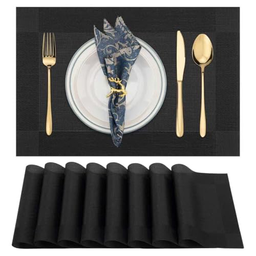 TAMATESIN Placemats Set of 8, Heat & Stain Resistant Non-Slip Elegant Woven Vinyl Table Mats, Washable Table Mats for Dining Room Kitchen (Single Black)