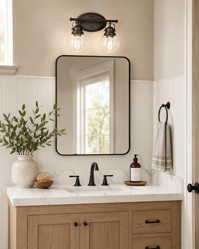 Image of Farmhouse Vintage Bathroom Light Fixtures, 2-Light Wall Mount Lighting Sconce Over Mirror, Oil Rubbed Bronze Vanity Lights with Globe Clear Glass, AD-2147-2W