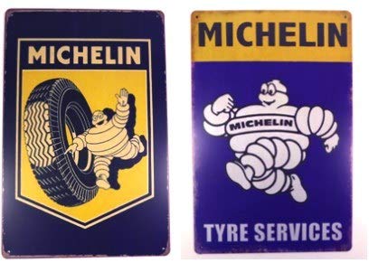 OPO 10 - Lot de 2 plaques en métal Michelin, Pneu et Bibendum, avec Effet Vieilli, Taille de Chaque Plaque : 30x20 cms