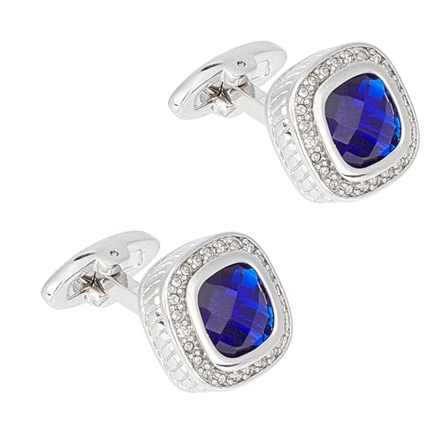 NICENEEDED Gemelos de Cristal Azul En Tono Plateado, Gemelos de Piedras Preciosas para Camisa de Esmoquin para Hombre, Gemelos de Cobre con Diamantes de Imitación