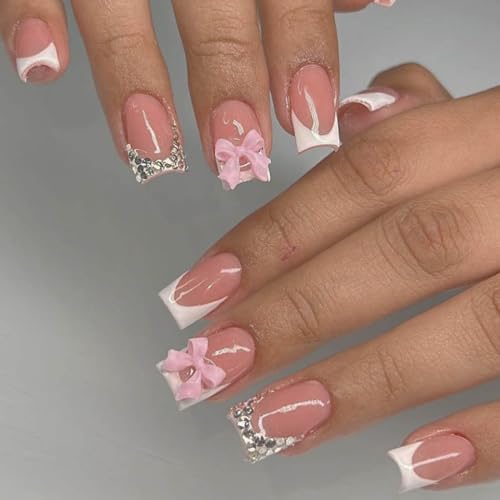 French Tip Press on Nails Short With 3D Charms Bow Flower Design, Pink French Press ons Cute Bow Stick on Short Square Shape Acrylic Rhinestones for Women Daily Wear 24Pcs