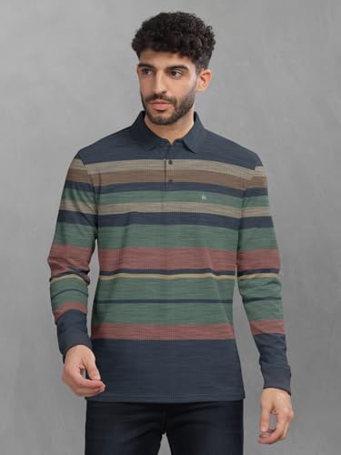 Image of BULLMER Striped Textured Printed Polo Neck Fullsleeve T-Shirt with Rib for Men