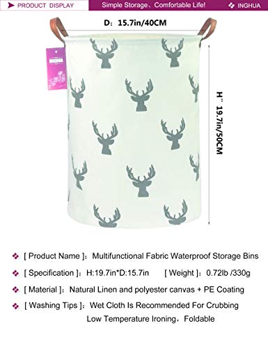 Image of Laundry Hamper Large Canvas Fabric Storage Basket Grey deer | Organizer Bin Dirty Clothes Collapsible Waterproof for College Dorms, Boys and Girls Bedroom,Bathroom