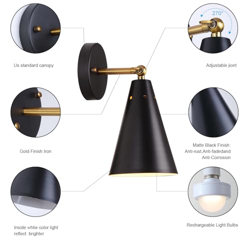 Image of MWZ Black Rechargeable Wall Sconce Set of 2,Wireless Battery Operated Sconces Lighting with Remote Control, Modern Dimmable 12 RGB Color Temperatures Adjustable Angle Lamp with Cone Metal Shade