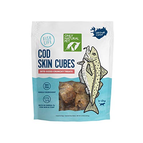 Only Natural Pet Cod Skin Cubes Bite Sized Crunchy Wild Caught Single Ingredient Cod Fish Skin Dog Treats - 2.5 Oz Bag