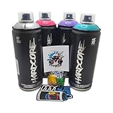 Montana Colors Hardcore Peinture en aérosol professionnelle, lot de 4 canettes de 400 ml, couleurs argent, turquoise, violet, fuchsia, avec 3 buses de rechange + 1 autocollant MTN