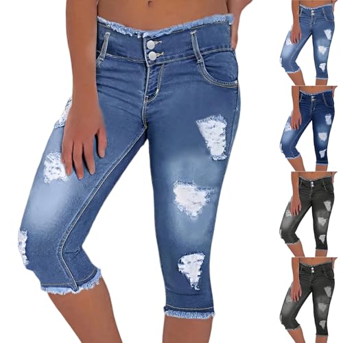 Jean Capris for Women Casual Ripped Skinny Jeans with Pockets Capri Jeggings Summer Distressed Crop Denim Pants