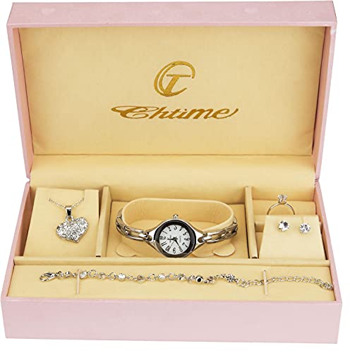 Gift Set Women's Watch Silver- Jewelry set- Necklace-Ring- Earrings - Band