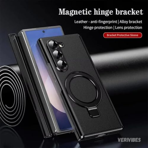 Image of Premium Leather Texture Case Compatible with Samsung Galaxy Z Fold 6 | Magnetic Ring Kickstand | 360 Hinge Protection | Slim Shockproof Back Cover - Black