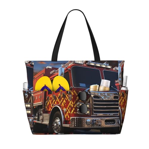 Fire Truck Beach Bags For Women Large Waterproof Sandproof Beach Tote Bag Pool Bag Lightweight Zipper Carry On Bag For Gym Travel Vocation