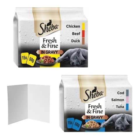 UbiPet Wet Cat Food Bundle Contains Selection of Sheba Fresh and Fine in Gravy with Beef, Duck, Turkey, Salmon, Tuna, Cod (2x15 Pack 30 Pouches in Total) and Pet Health Tips Card Cover