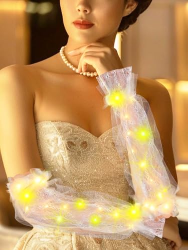 White Fingerless Light Up Gloves Lace Long Arm Sleeves for Women2