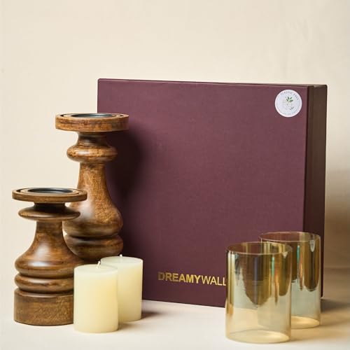 Wooden Hurricane Glass Candle Holder, Gift Set - 2 Baluster Candle Holders, 2 Hurricane Domes & 2 Pillar Candles | Gift for Wedding, Christmas, Housewarming | Handmade in India