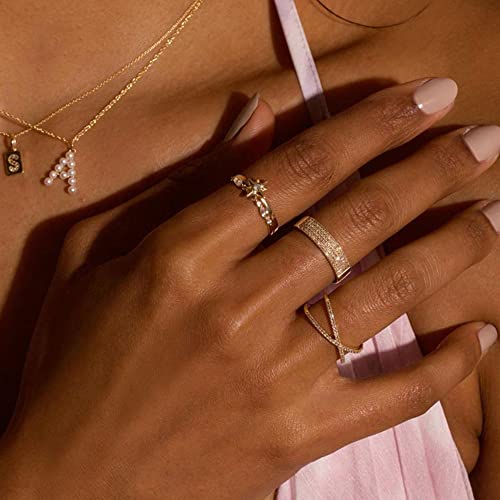 Opfiv 8Pcs 14K Gold Plated Stacking Rings For Women Teen Girls Fashion Dainty Cz Leaf Flower Knuckle Thumb Stackable Ring Set Gold Thin Plain Silver Ring Band Statement Eternity Bands Comfort Fit Size 6-9 #TOP1
