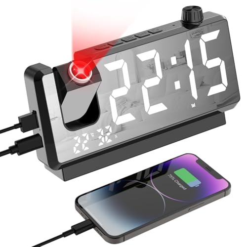 GuDoQi Projection Alarm Clock for Bedroom, Digital Clock with 180° Projector, 7