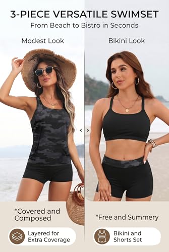 Image of Aqua Eve 3 Piece Tankini Swimsuit for Women Tank Bathing Suit with Shorts Open Back Athletic Swimwear