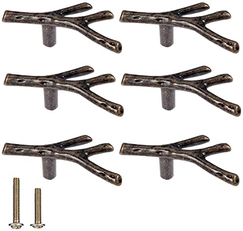 Sinyiol Branch Knob 6pcs Bronze Vintage Tree Twig Branch Cabinet Knobs Pull Handles with 2 Sizes Screws,Zinc Alloy Drawer Handle for Mountain House Kitchen Cupboard (Single Hole, Bronze)