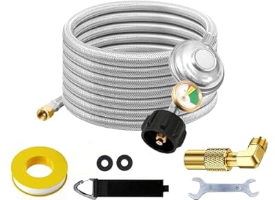 Stainless Braided propane hose with regulator and Gauge, QCC1 Propane Adapter Hose Regulator for 20lb Tank with Elbow Adapter, suitable for LP Gas Grill, Camping Stove, Heater, and Fire Pit (12FT)
