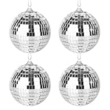 DUBUOZA 4 Stück Discokugel, 10 cm Spiegelkugel, Discokugel Deko, geeignet für Weihnachtsbaum, Hochzeitshintergrund, Bar-Dekoration, Heimdekoration (Silber)
