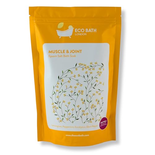 Image of Eco Bath London Muscle & Joint Epsom Salt Bath Soak - Pouch 2.2 LB (1kg) | Made in UK | Magnesium Bath Salts with Lemongrass, Peppermint, Eucalyptus and Black Pepper Oils | Bath Salt for Recovery