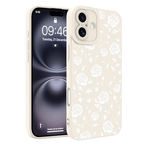Image of Designed for iPhone 16 Case, Cute Rose Flower Floral Pattern Design, Slim Soft TPU Liquid Silicone Protective Cover for Women Girls - White