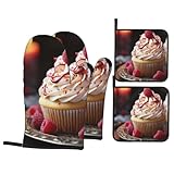 DJUETRUI Juego de 4 manoplas y soportes para ollas con estampado de postres para magdalenas, guantes de horno de cocina de alta resistencia al calor y almohadillas calientes, antideslizantes