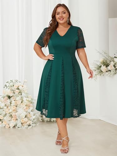 ZNU Women’s Plus Size Wedding Guests Dresses for Formal Lace Short Sleeve V-Neck Cocktail Evening Party Dress Midi Dress2