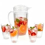 Taylor & Brown 2L Clear Plastic Pitcher with Lid, Water Juice Jug for Fridge, BPA-Free with 4 Cups Set for Iced Tea, Lemonade, Cocktails, Cold Beverage Carafe - Flute Design