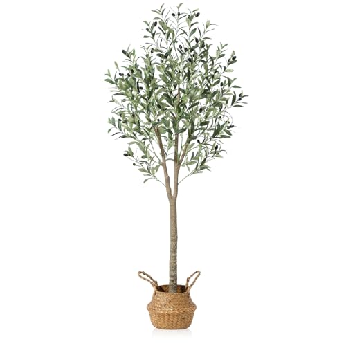 Image of Ferrgoal Artificial Olive Trees 5Ft Fake Olive Plant with Basket Faux Plants Indoor Outdoor Fake Tree in Pot Slik Plants for Home Decor Office Living Room Perfect Housewarming Gift Green 1Pack