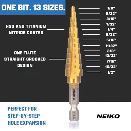 Image of NEIKO 10601A Step Drill Bit, 13 Steps 1 /8 inch to 1 /2 inch Straight High Speed Steel, Titanium Nitride Coated, 1 /4 inch Quick Change Step Bits for Steel, Metal, Wood, Plastic, Unibit Cone Drill Bits, Two Flute