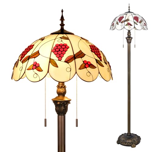 Image of Tiffany Style Floor Lamp, 16 inch Stained Glass Grapes Flower Floral Shade with Antique Bronze Base, 2-Light E26 Pull Chain Standing Reading Light for Living Room, Bedroom, 16x16x64 Inches