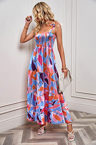 Image of kinstell Women's Summer Boho Spaghetti Strap Square Neck Ruffle Casual Flowy Long Dress Beach Swing Party Maxi Dress