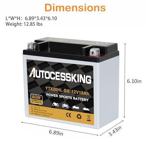 Image of Autocessking YTX20HL-BS Motorcycle Battery, 12V 18AH Rechargeable Maintenance Free Sealed AGM Battery Powersport Replacement Battery for ATV and Scooter